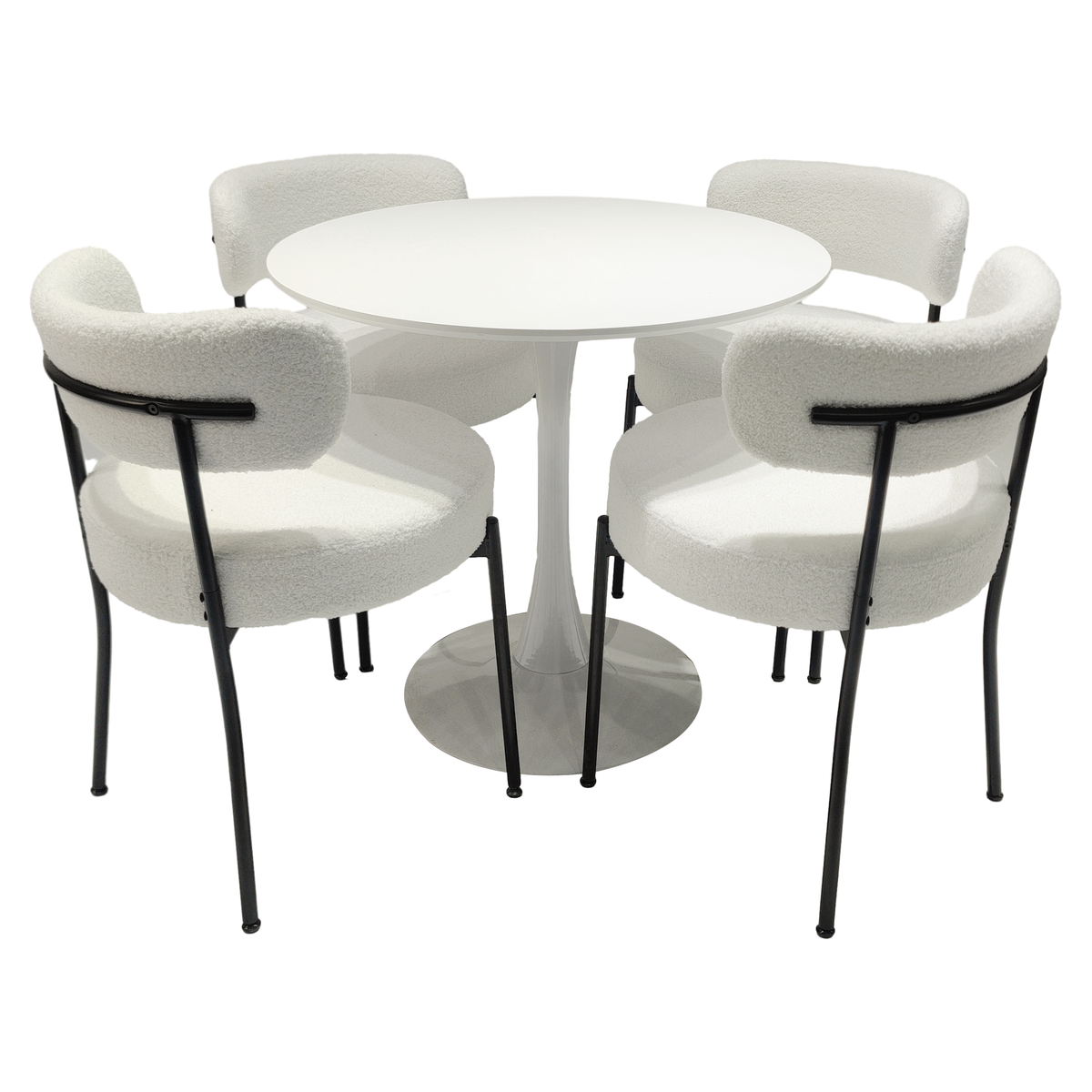 White Dining Chairs Set of 2, Mid-Century Modern Dining Chairs, Kitchen Dining Room Chairs, Curved Backrest Round Upholstered Boucle Dining Chair with Black Metal Legs