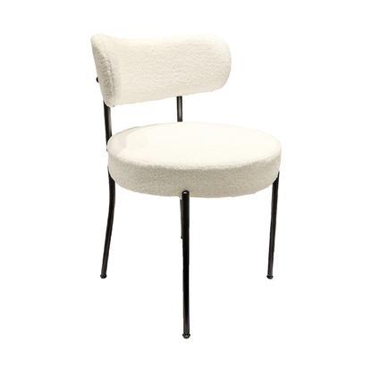 White Dining Chairs Set of 2, Mid-Century Modern Dining Chairs, Kitchen Dining Room Chairs, Curved Backrest Round Upholstered Boucle Dining Chair with Black Metal Legs