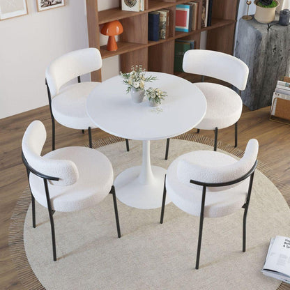 White Dining Chairs Set of 2, Mid-Century Modern Dining Chairs, Kitchen Dining Room Chairs, Curved Backrest Round Upholstered Boucle Dining Chair with Black Metal Legs