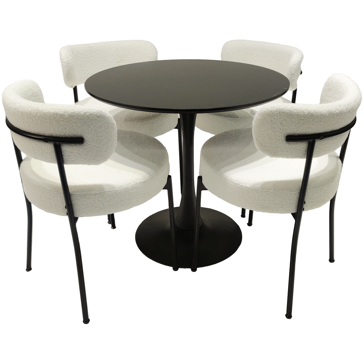 White Dining Chairs Set of 2, Mid-Century Modern Dining Chairs, Kitchen Dining Room Chairs, Curved Backrest Round Upholstered Boucle Dining Chair with Black Metal Legs