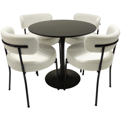 White Dining Chairs Set of 2, Mid-Century Modern Dining Chairs, Kitchen Dining Room Chairs, Curved Backrest Round Upholstered Boucle Dining Chair with Black Metal Legs