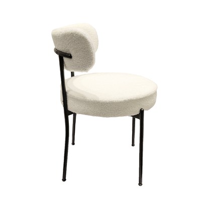 White Dining Chairs Set of 2, Mid-Century Modern Dining Chairs, Kitchen Dining Room Chairs, Curved Backrest Round Upholstered Boucle Dining Chair with Black Metal Legs