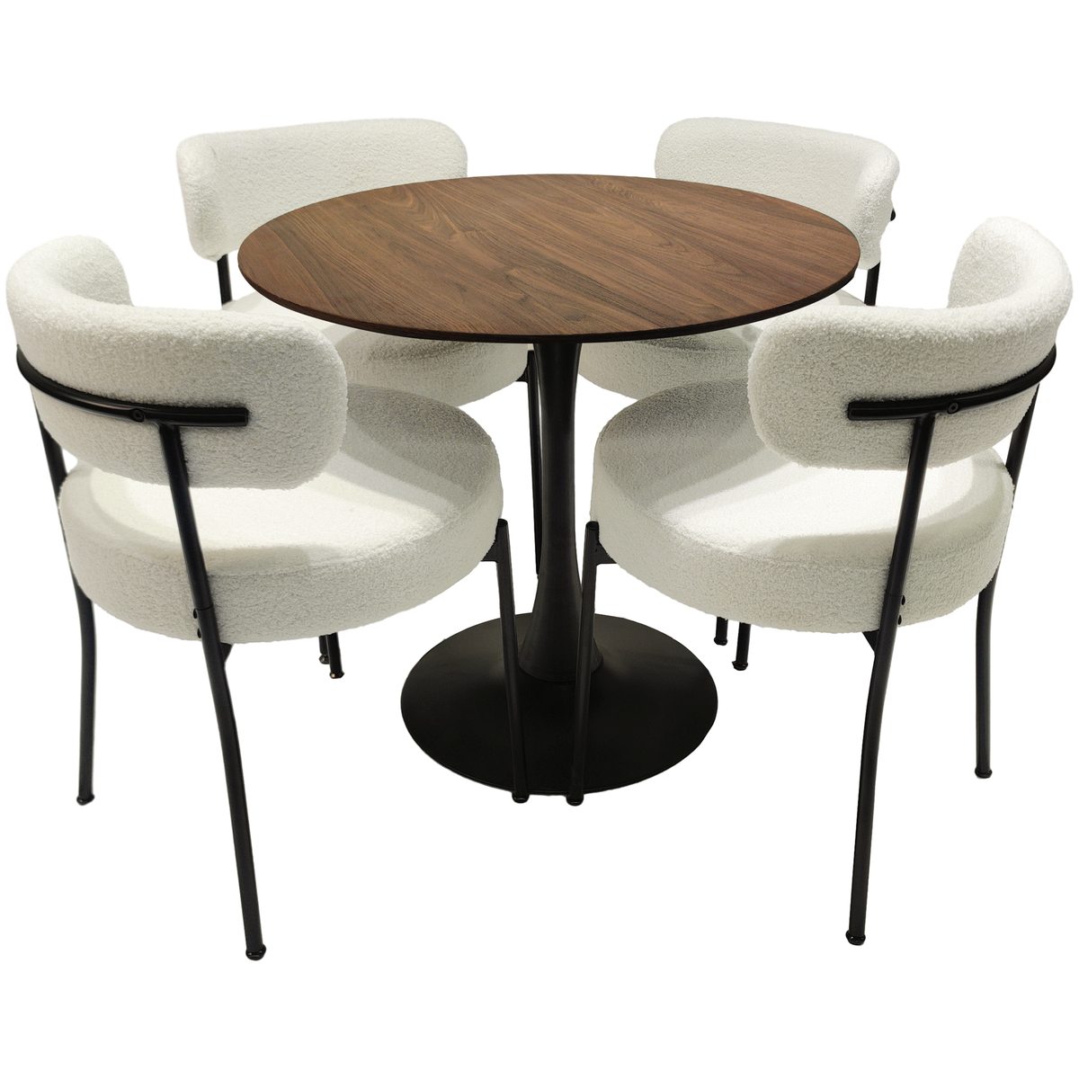 White Dining Chairs Set of 2, Mid-Century Modern Dining Chairs, Kitchen Dining Room Chairs, Curved Backrest Round Upholstered Boucle Dining Chair with Black Metal Legs