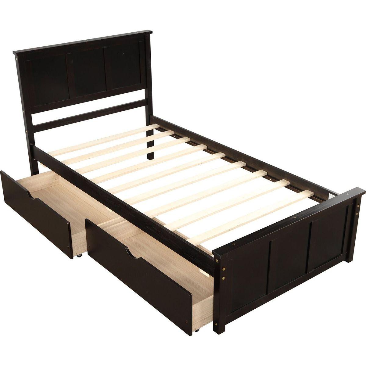 Platform Storage Bed, 2 drawers with wheels, Twin Size Frame, Espresso