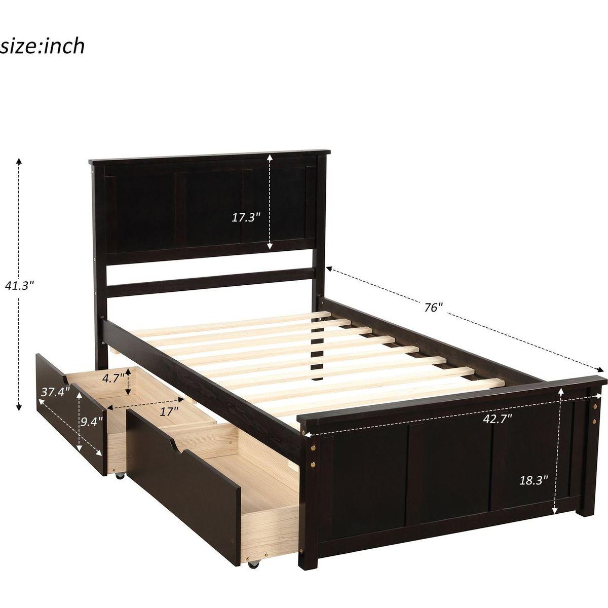 Platform Storage Bed, 2 drawers with wheels, Twin Size Frame, Espresso