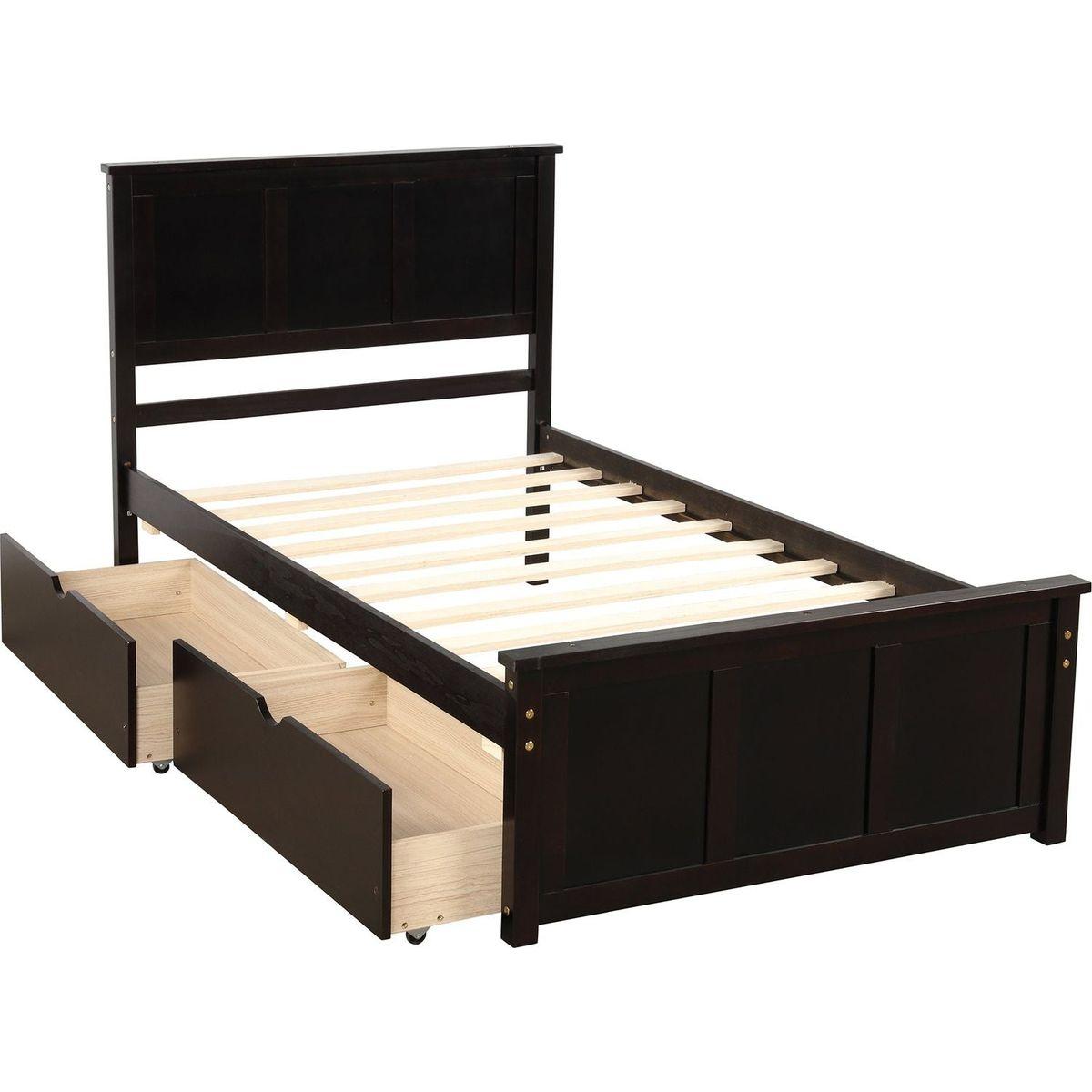 Platform Storage Bed, 2 drawers with wheels, Twin Size Frame, Espresso