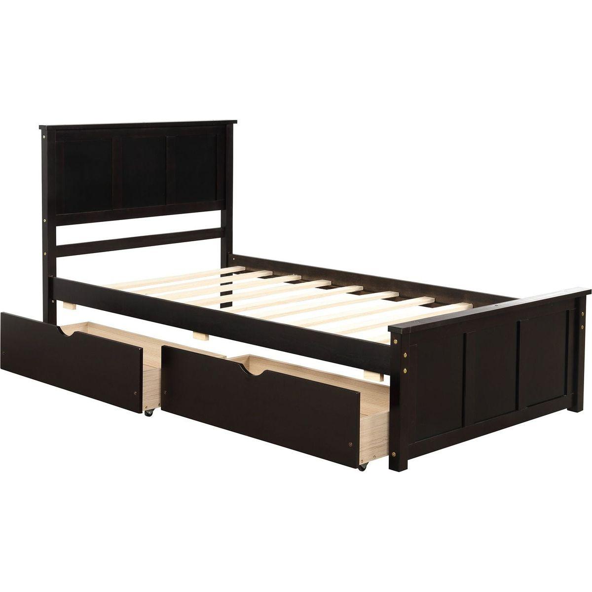 Platform Storage Bed, 2 drawers with wheels, Twin Size Frame, Espresso