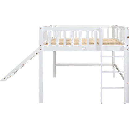 Full Size Low Loft Bed with Ladder and Slide,White
