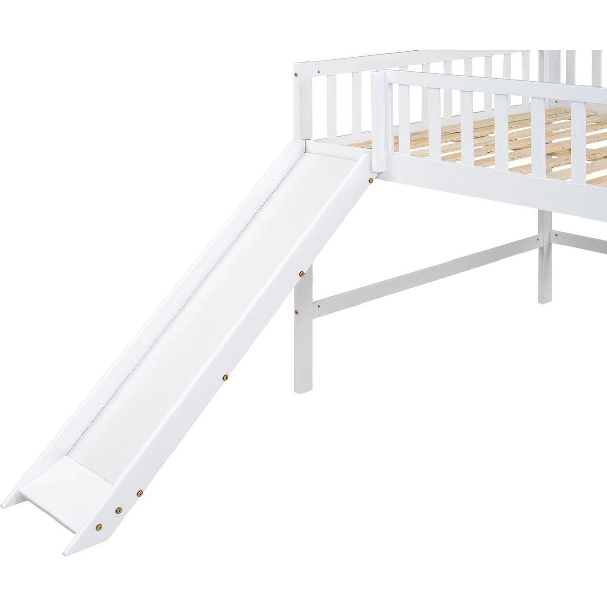 Full Size Low Loft Bed with Ladder and Slide,White