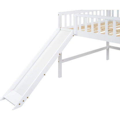 Full Size Low Loft Bed with Ladder and Slide,White