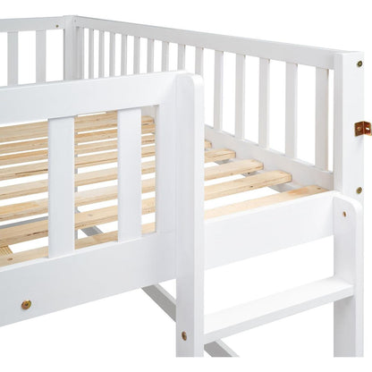 Full Size Low Loft Bed with Ladder and Slide,White