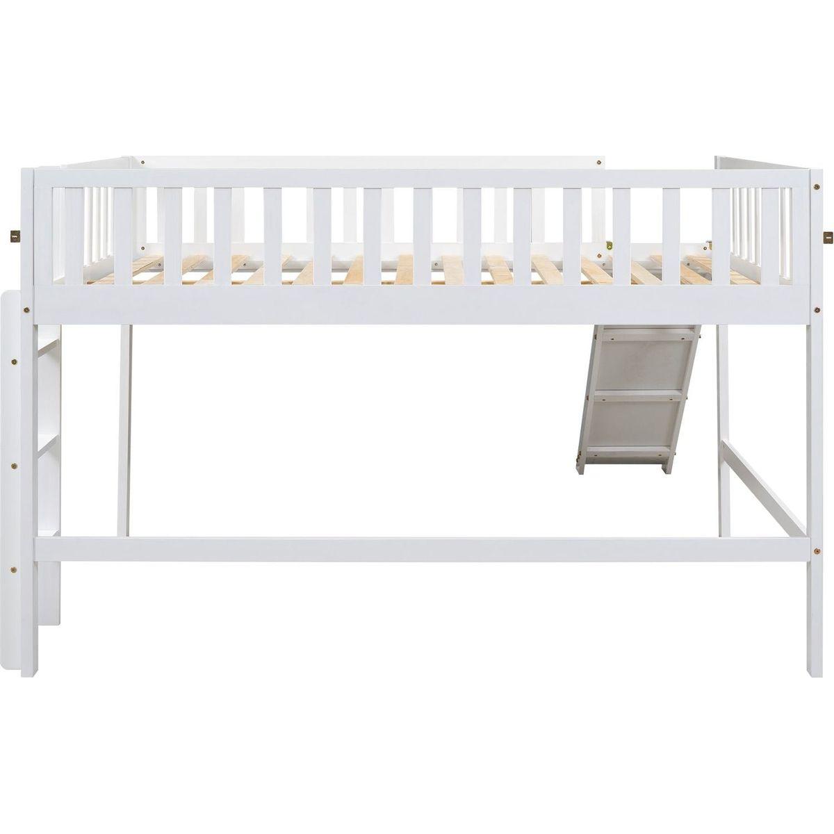 Full Size Low Loft Bed with Ladder and Slide,White