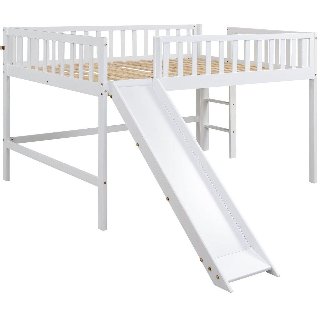 Full Size Low Loft Bed with Ladder and Slide,White