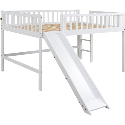Full Size Low Loft Bed with Ladder and Slide,White