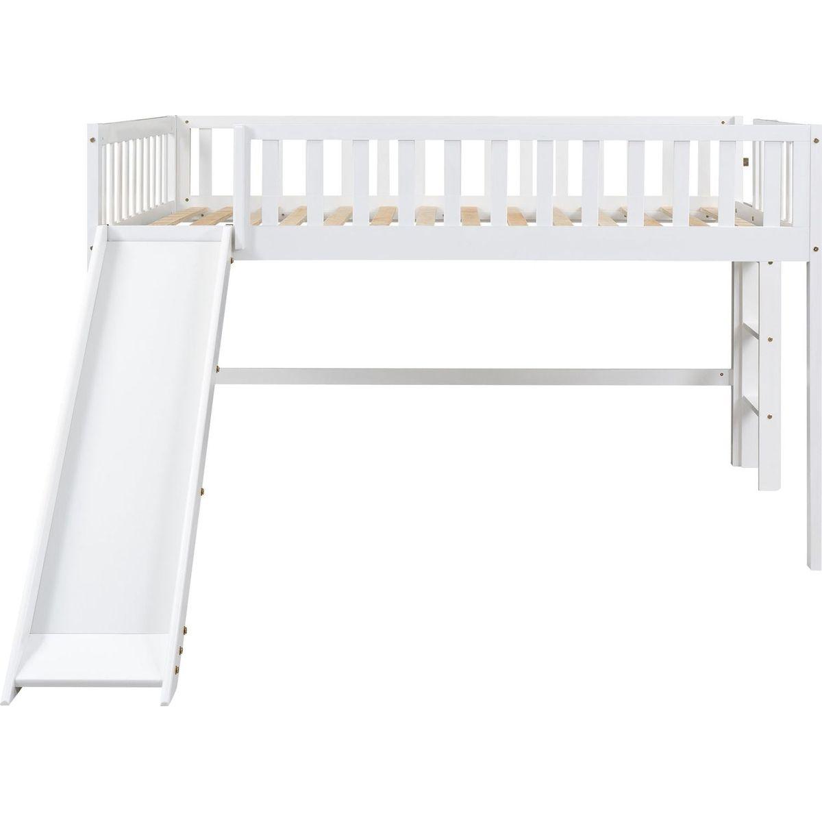 Full Size Low Loft Bed with Ladder and Slide,White