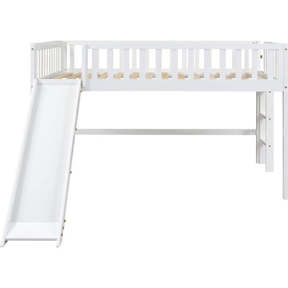 Full Size Low Loft Bed with Ladder and Slide,White