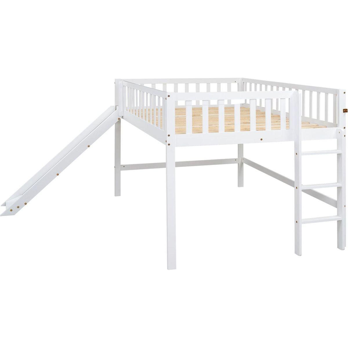 Full Size Low Loft Bed with Ladder and Slide,White