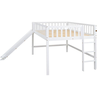 Full Size Low Loft Bed with Ladder and Slide,White