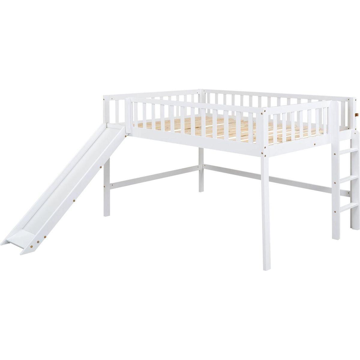 Full Size Low Loft Bed with Ladder and Slide,White
