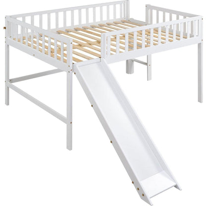 Full Size Low Loft Bed with Ladder and Slide,White