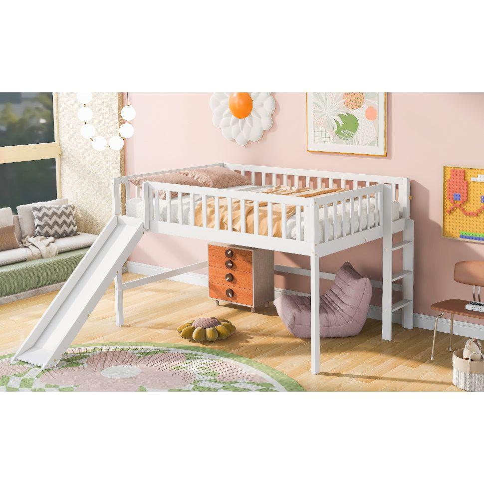 Full Size Low Loft Bed with Ladder and Slide,White
