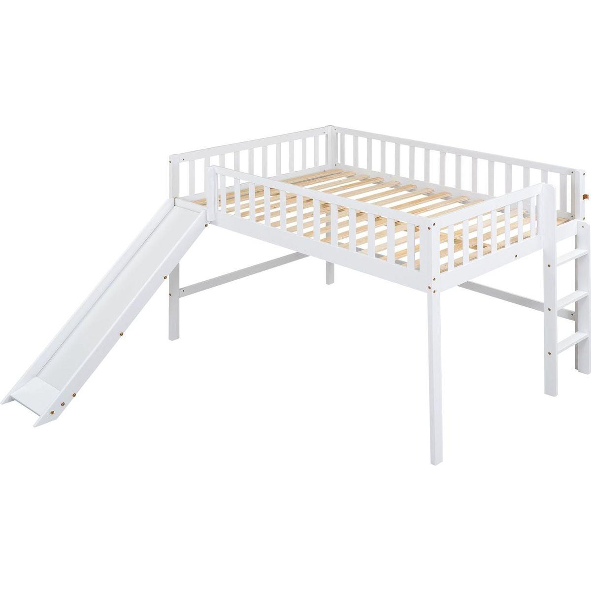 Full Size Low Loft Bed with Ladder and Slide,White