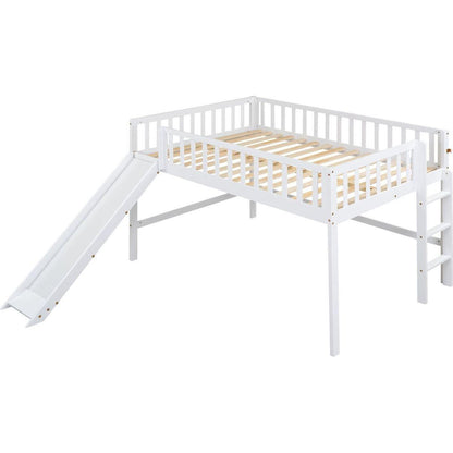 Full Size Low Loft Bed with Ladder and Slide,White