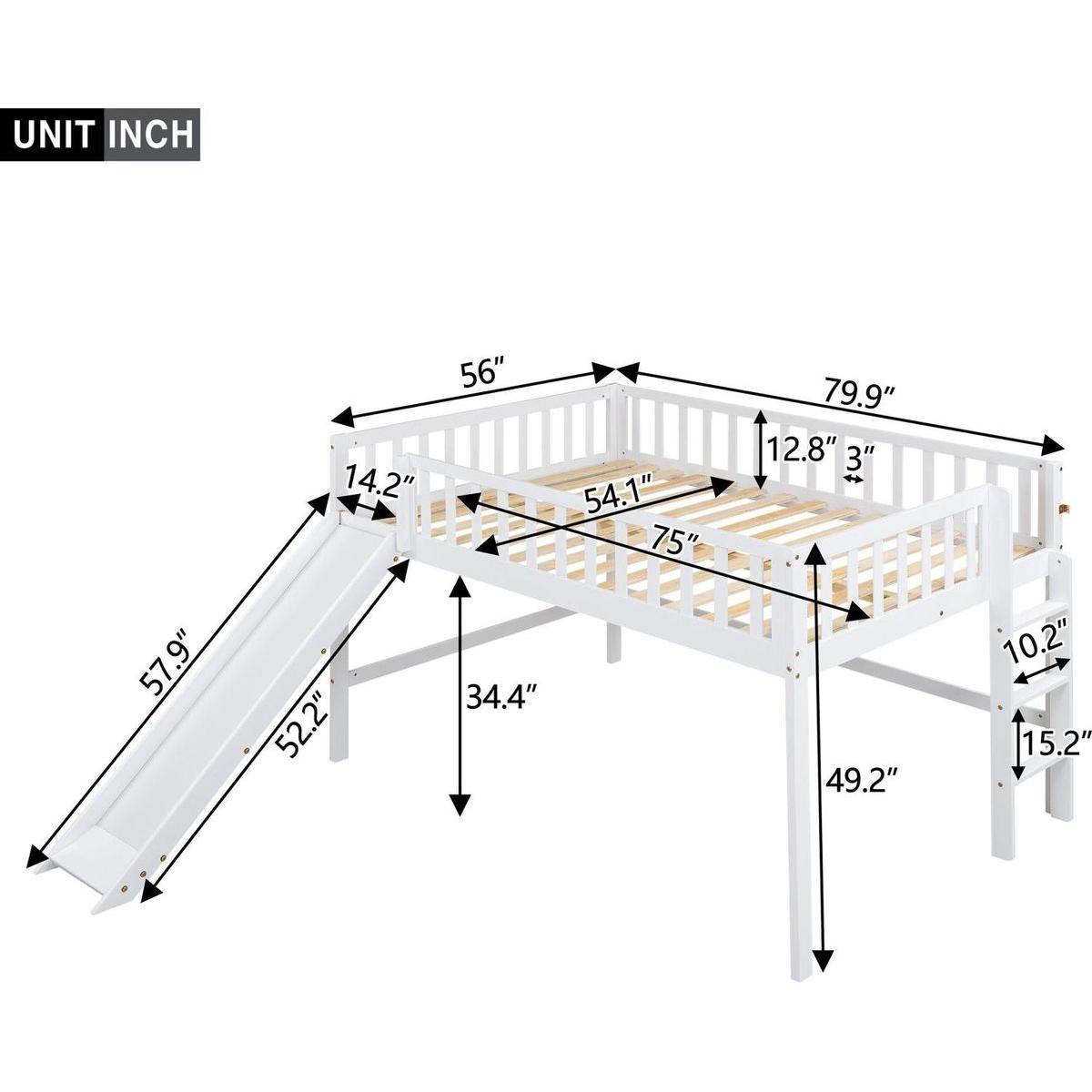 Full Size Low Loft Bed with Ladder and Slide,White