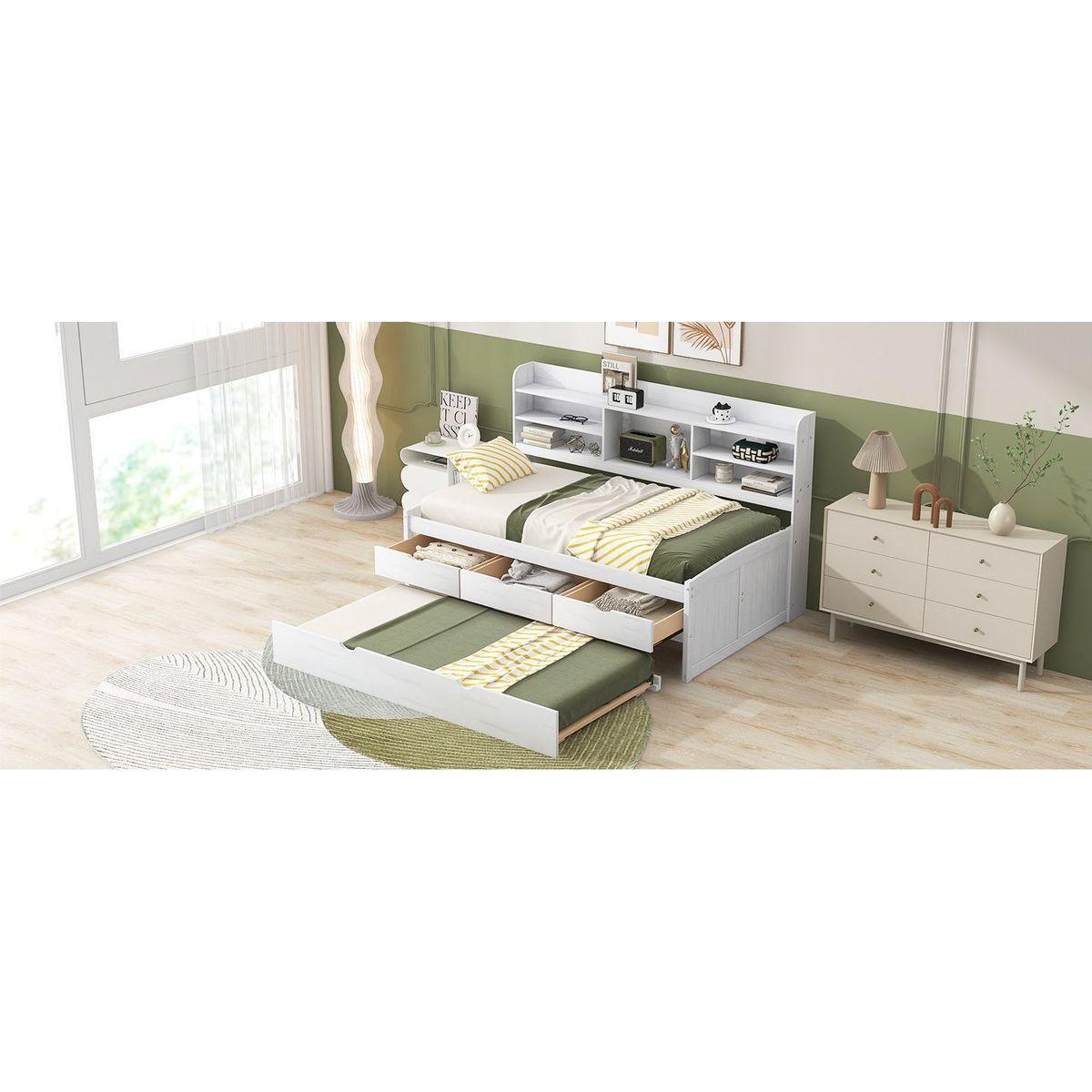 Twin Size Wooden Captain Bed with Built-in Bookshelves,Three Storage Drawers and Trundle, White Wash(Expected Arrivial Time: 11.17)