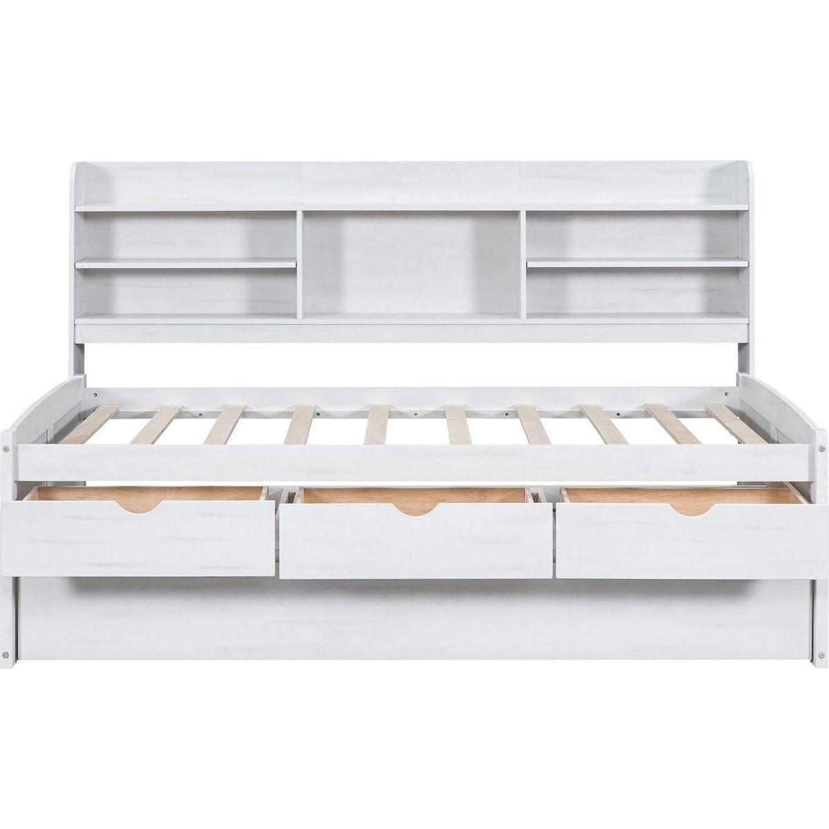Twin Size Wooden Captain Bed with Built-in Bookshelves,Three Storage Drawers and Trundle, White Wash(Expected Arrivial Time: 11.17)