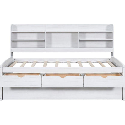 Twin Size Wooden Captain Bed with Built-in Bookshelves,Three Storage Drawers and Trundle, White Wash(Expected Arrivial Time: 11.17)