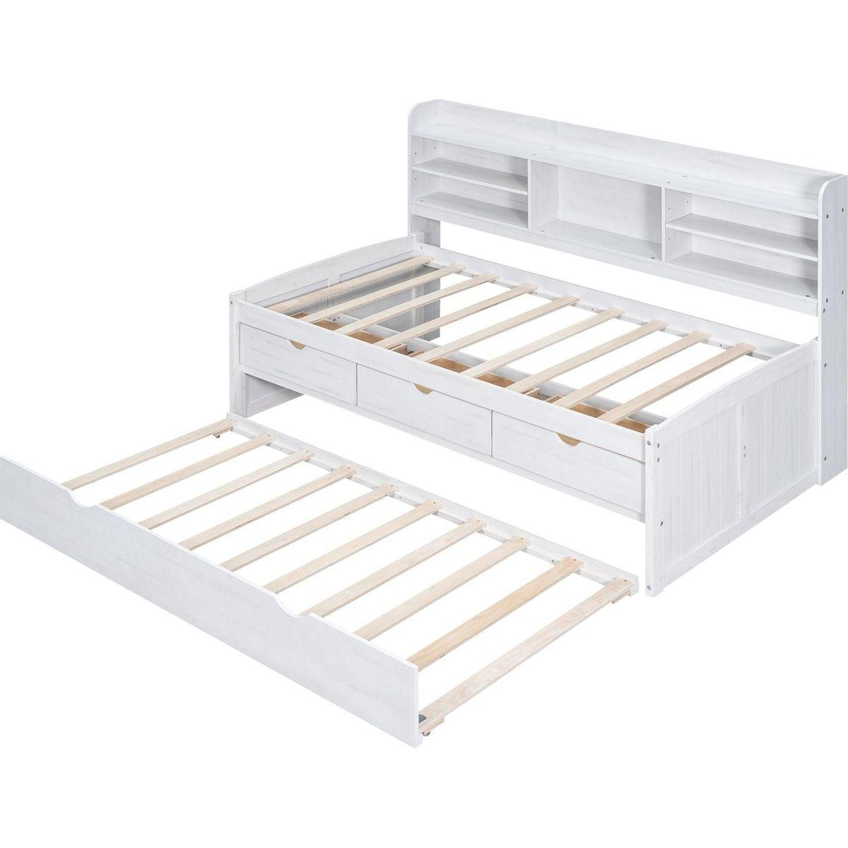 Twin Size Wooden Captain Bed with Built-in Bookshelves,Three Storage Drawers and Trundle, White Wash(Expected Arrivial Time: 11.17)