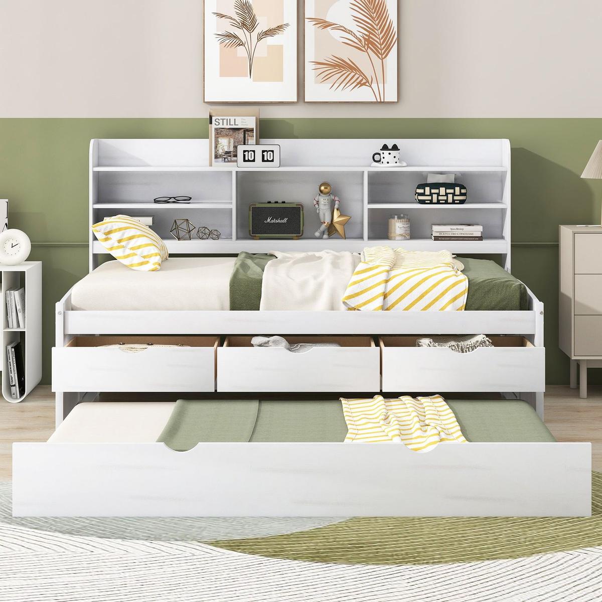 Twin Size Wooden Captain Bed with Built-in Bookshelves,Three Storage Drawers and Trundle, White Wash(Expected Arrivial Time: 11.17)
