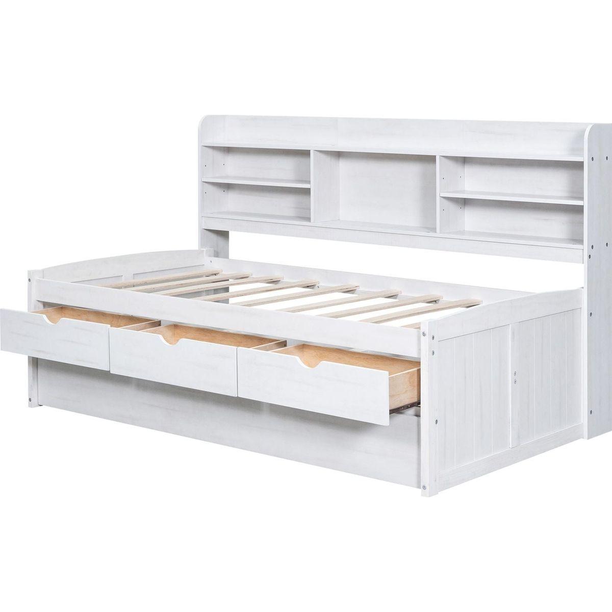 Twin Size Wooden Captain Bed with Built-in Bookshelves,Three Storage Drawers and Trundle, White Wash(Expected Arrivial Time: 11.17)
