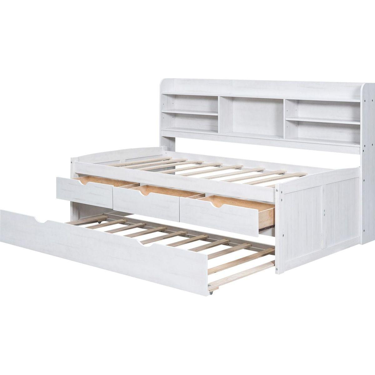 Twin Size Wooden Captain Bed with Built-in Bookshelves,Three Storage Drawers and Trundle, White Wash(Expected Arrivial Time: 11.17)