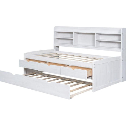 Twin Size Wooden Captain Bed with Built-in Bookshelves,Three Storage Drawers and Trundle, White Wash(Expected Arrivial Time: 11.17)