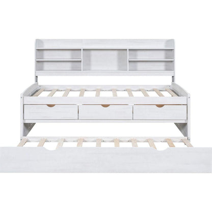 Twin Size Wooden Captain Bed with Built-in Bookshelves,Three Storage Drawers and Trundle, White Wash(Expected Arrivial Time: 11.17)