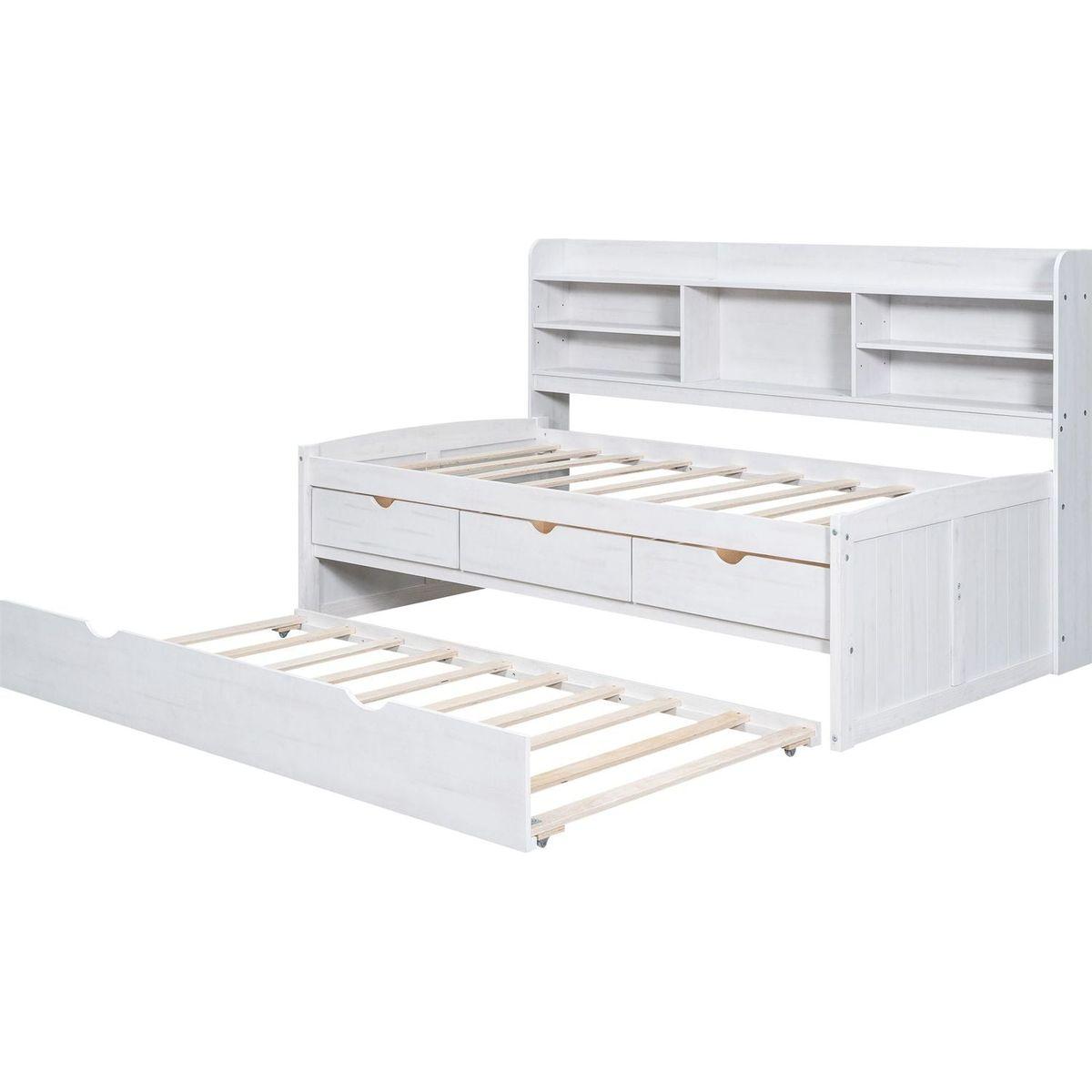 Twin Size Wooden Captain Bed with Built-in Bookshelves,Three Storage Drawers and Trundle, White Wash(Expected Arrivial Time: 11.17)