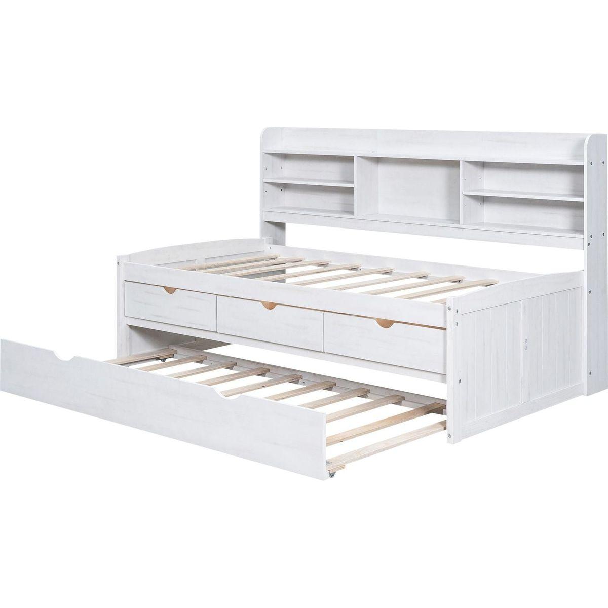 Twin Size Wooden Captain Bed with Built-in Bookshelves,Three Storage Drawers and Trundle, White Wash(Expected Arrivial Time: 11.17)