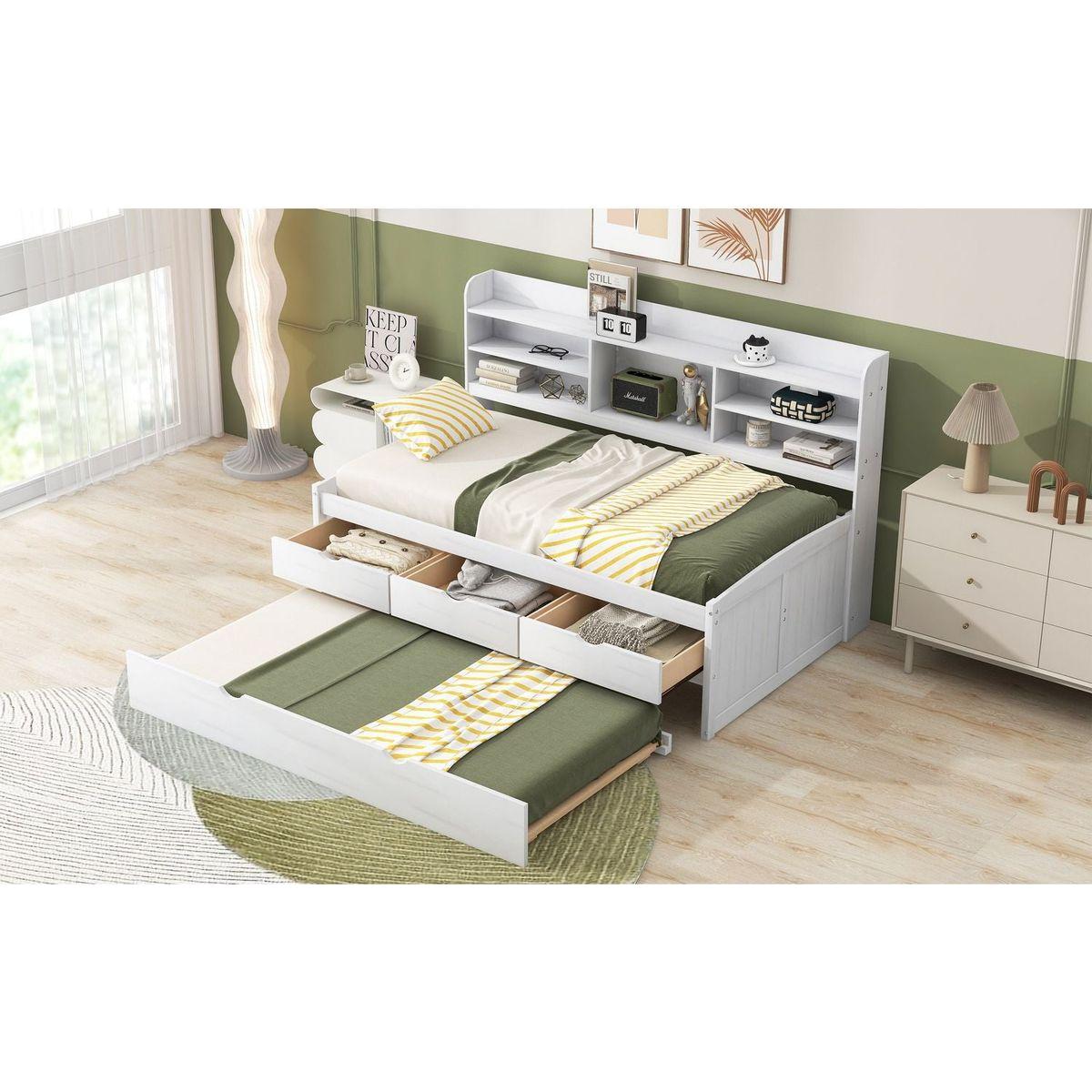 Twin Size Wooden Captain Bed with Built-in Bookshelves,Three Storage Drawers and Trundle, White Wash(Expected Arrivial Time: 11.17)