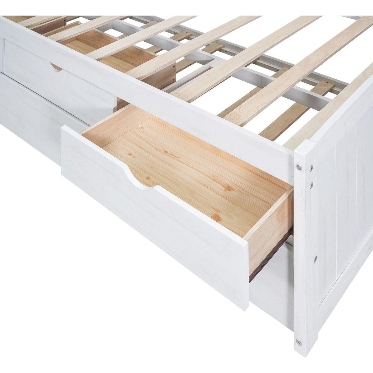 Twin Size Wooden Captain Bed with Built-in Bookshelves,Three Storage Drawers and Trundle, White Wash(Expected Arrivial Time: 11.17)