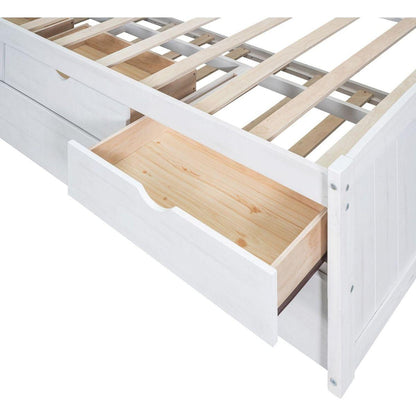 Twin Size Wooden Captain Bed with Built-in Bookshelves,Three Storage Drawers and Trundle, White Wash(Expected Arrivial Time: 11.17)