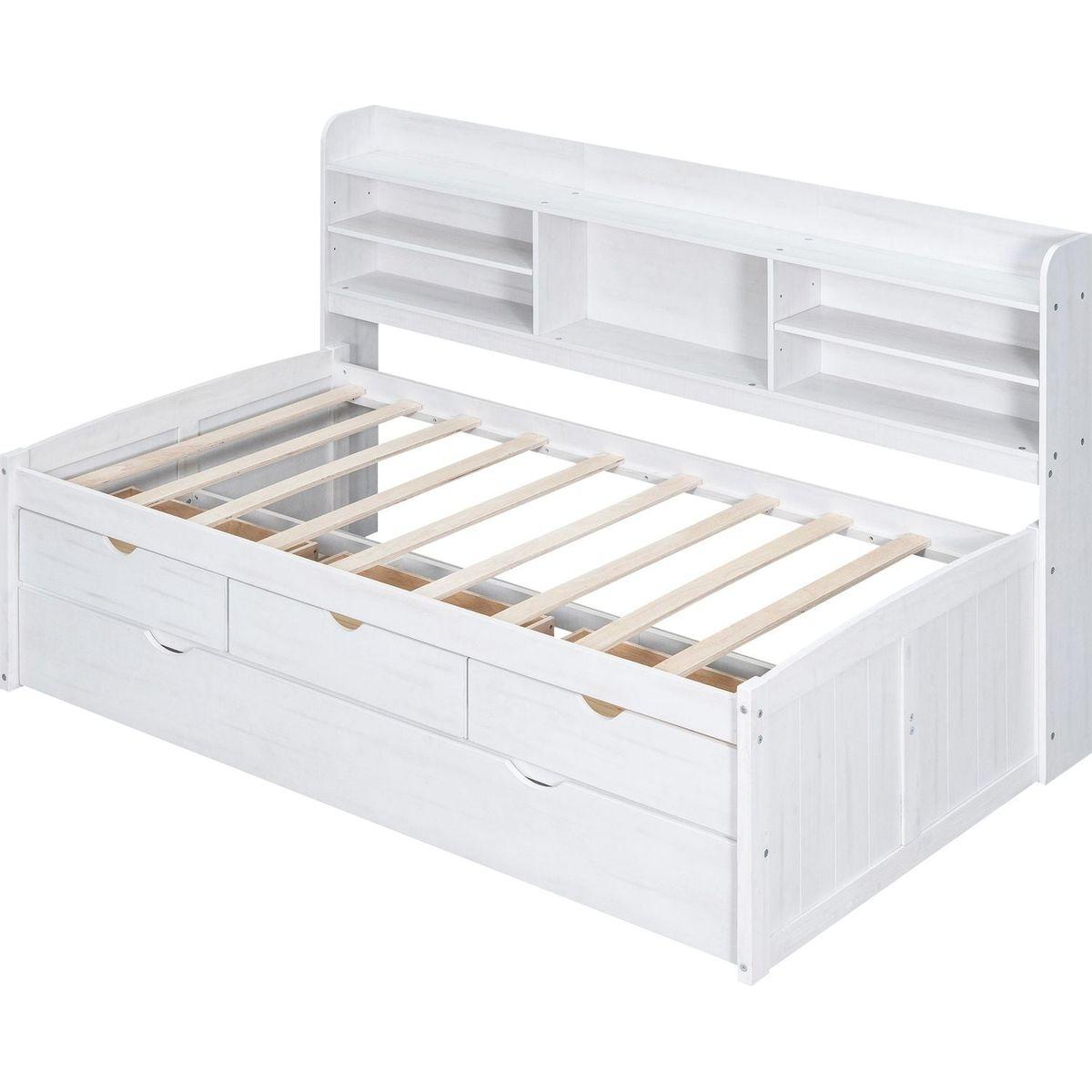 Twin Size Wooden Captain Bed with Built-in Bookshelves,Three Storage Drawers and Trundle, White Wash(Expected Arrivial Time: 11.17)