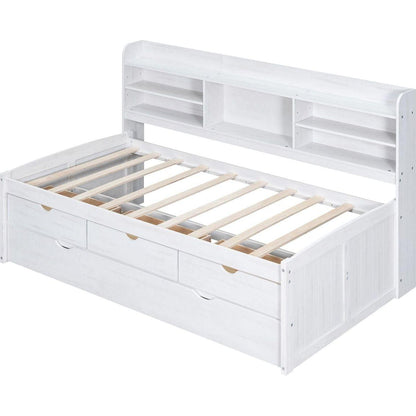 Twin Size Wooden Captain Bed with Built-in Bookshelves,Three Storage Drawers and Trundle, White Wash(Expected Arrivial Time: 11.17)