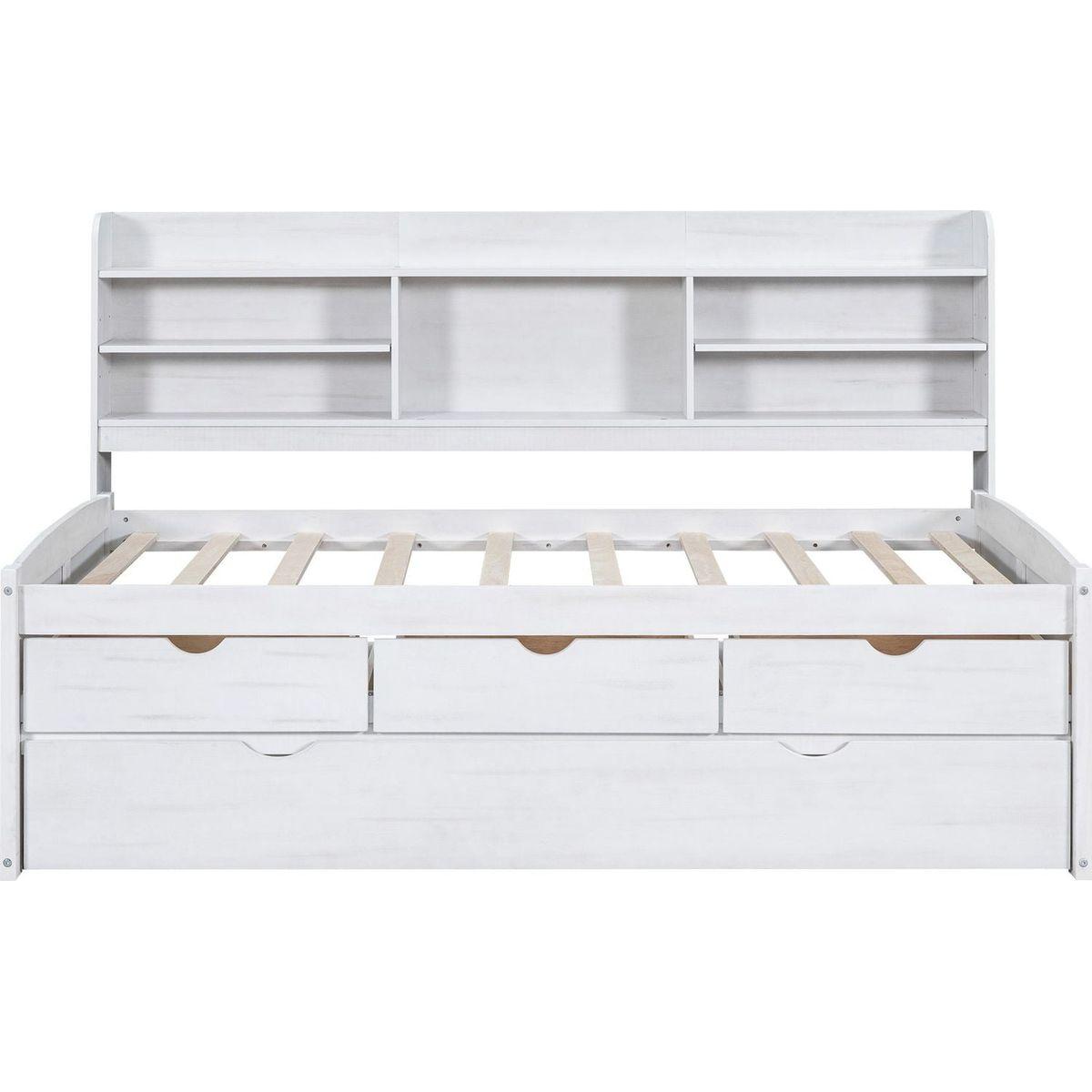 Twin Size Wooden Captain Bed with Built-in Bookshelves,Three Storage Drawers and Trundle, White Wash(Expected Arrivial Time: 11.17)