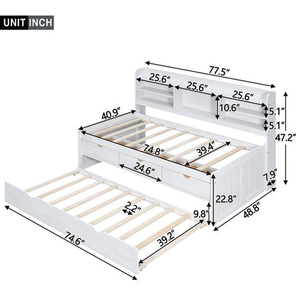 Twin Size Wooden Captain Bed with Built-in Bookshelves,Three Storage Drawers and Trundle, White Wash(Expected Arrivial Time: 11.17)