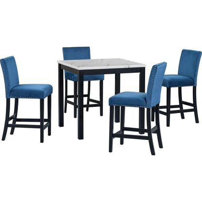 5-piece Counter Height Dining Table Set with One Faux Marble Top Dining Table and Four Velvet-Upholstered Chairs,Blue