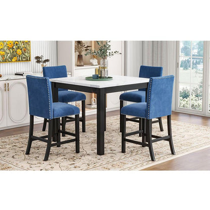 5-piece Counter Height Dining Table Set with One Faux Marble Top Dining Table and Four Velvet-Upholstered Chairs,Blue