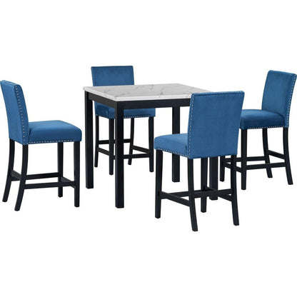 5-piece Counter Height Dining Table Set with One Faux Marble Top Dining Table and Four Velvet-Upholstered Chairs,Blue