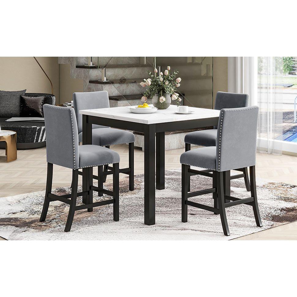 5-piece Counter Height Dining Table Set with One Faux Marble Top Dining Table and Four Velvet-Upholstered Chairs,Grey